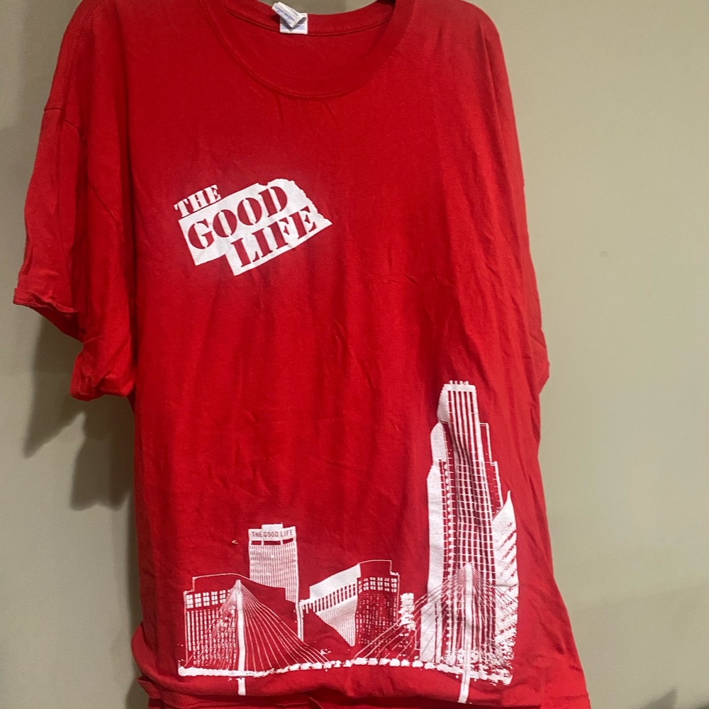 Nebraska “the good life” Vibrant Red 3XL Tee with Omaha skyline